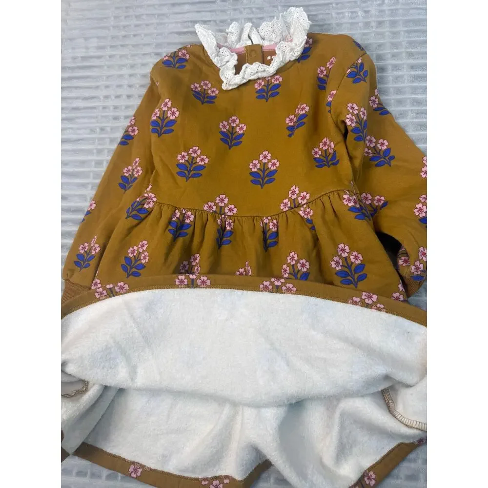 Mini Boden Girls Mustard Yellow Floral Dress Frilled Collar Long Sleeve Size 6-7
